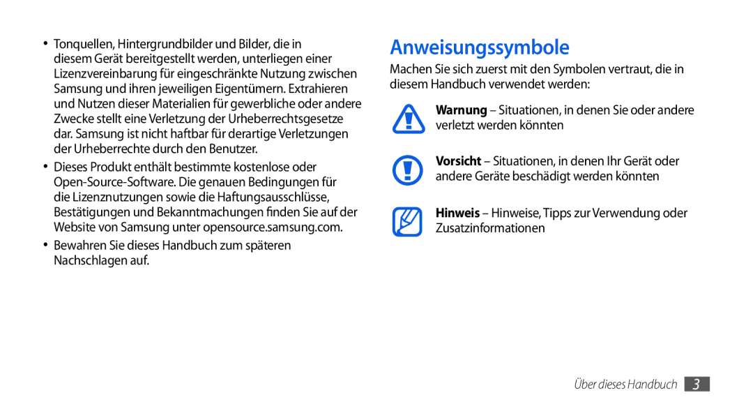 Samsung GT-S5560CWIDBT, GT-S5560LKIDBT manual Anweisungssymbole, Bewahren Sie dieses Handbuch zum späteren Nachschlagen auf 