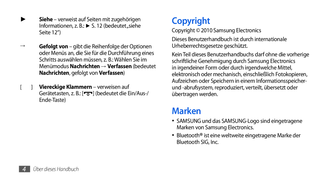 Samsung GT-S5560LKIDBT, GT-S5560CWIDBT manual Marken, Ende-Taste, Copyright 2010 Samsung Electronics 