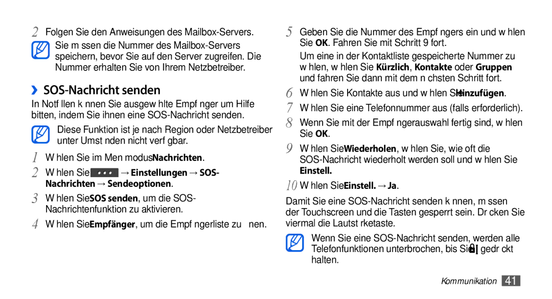 Samsung GT-S5560CWIDBT, GT-S5560LKIDBT manual ››SOS-Nachricht senden, Einstell 