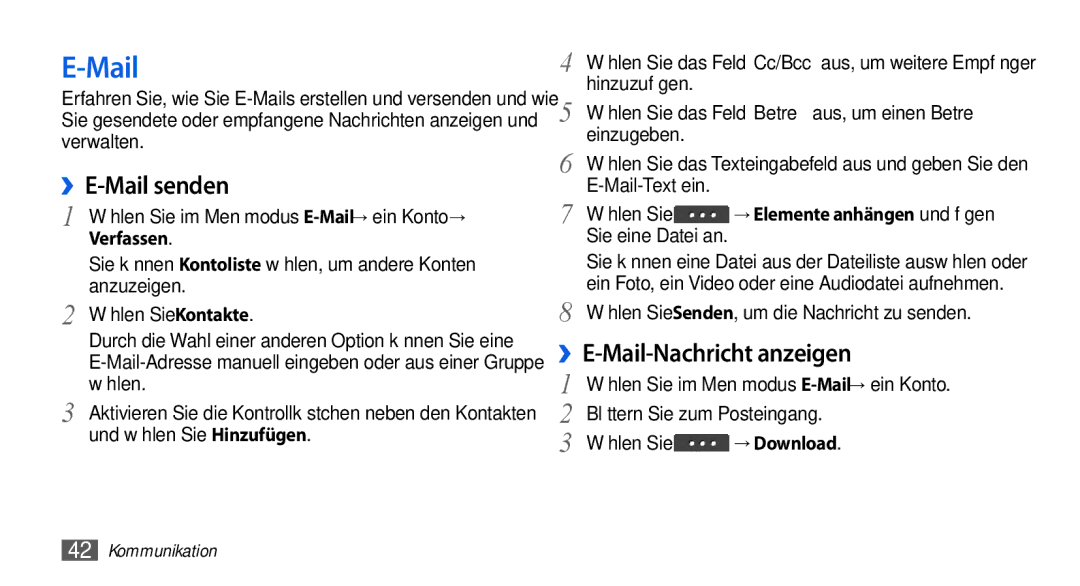 Samsung GT-S5560LKIDBT, GT-S5560CWIDBT manual ››E-Mail senden, ››E-Mail-Nachricht anzeigen, Verfassen, → Download 