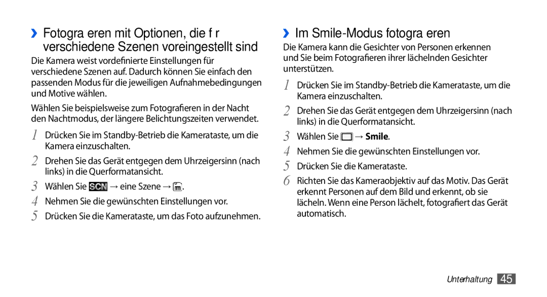 Samsung GT-S5560CWIDBT, GT-S5560LKIDBT manual ››Im Smile-Modus fotografieren, → Smile 