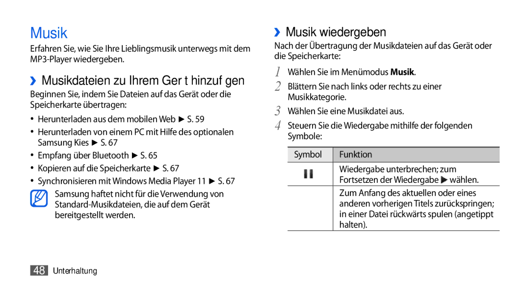 Samsung GT-S5560LKIDBT, GT-S5560CWIDBT manual ››Musik wiedergeben, Symbole Funktion Wiedergabe unterbrechen zum 