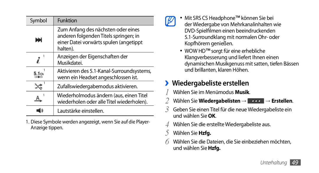 Samsung GT-S5560CWIDBT manual ››Wiedergabeliste erstellen, Symbol Funktion, Anzeigen der Eigenschaften der, Musikdatei 