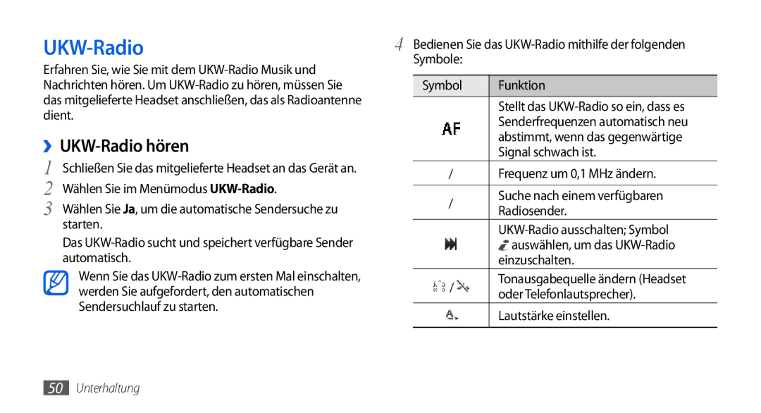 Samsung GT-S5560LKIDBT, GT-S5560CWIDBT manual ››UKW-Radio hören 