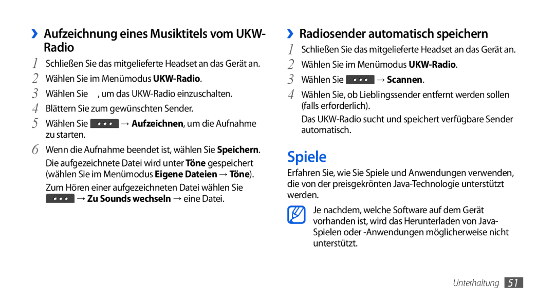 Samsung GT-S5560CWIDBT manual Spiele, ››Radiosender automatisch speichern, Wählen Sie im Menümodus UKW-Radio, → Scannen 