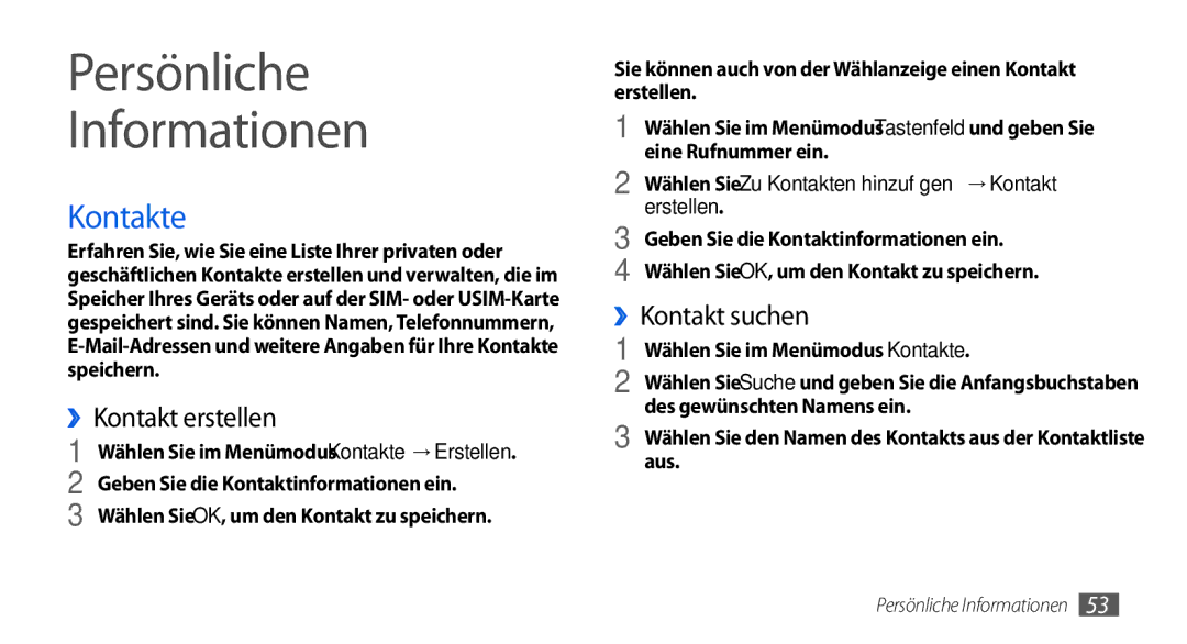 Samsung GT-S5560CWIDBT manual Persönliche Informationen, Kontakte, ››Kontakt erstellen, ››Kontakt suchen, Erstellen 