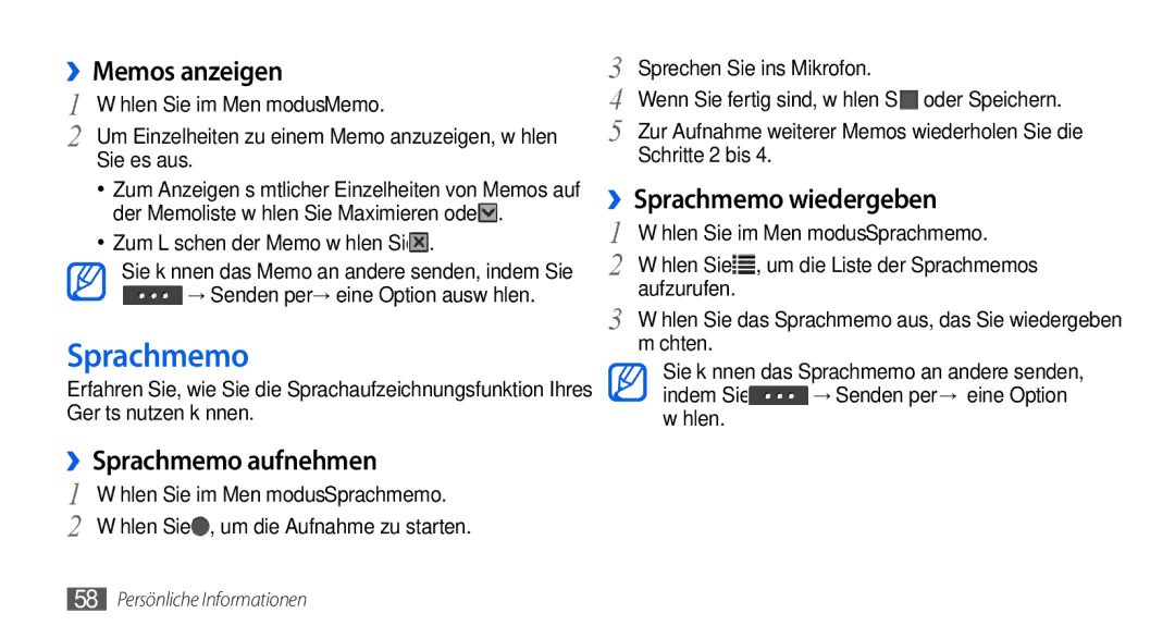 Samsung GT-S5560LKIDBT, GT-S5560CWIDBT manual ››Memos anzeigen, ››Sprachmemo aufnehmen, ››Sprachmemo wiedergeben 