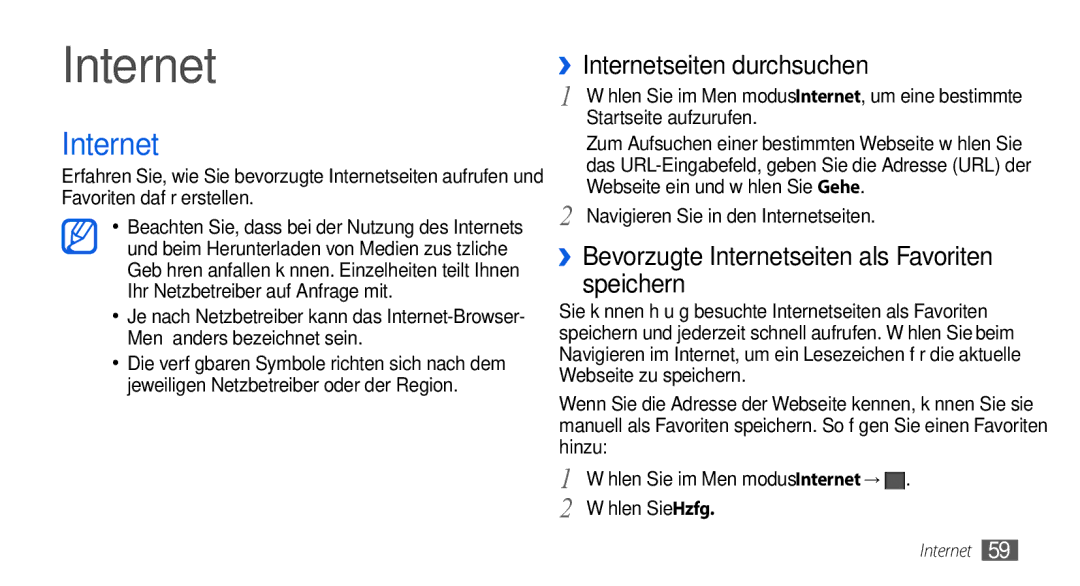 Samsung GT-S5560CWIDBT manual ››Internetseiten durchsuchen, ››Bevorzugte Internetseiten als Favoriten speichern 