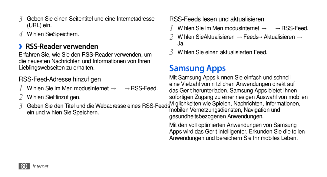 Samsung GT-S5560LKIDBT, GT-S5560CWIDBT manual Samsung Apps, ››RSS-Reader verwenden 