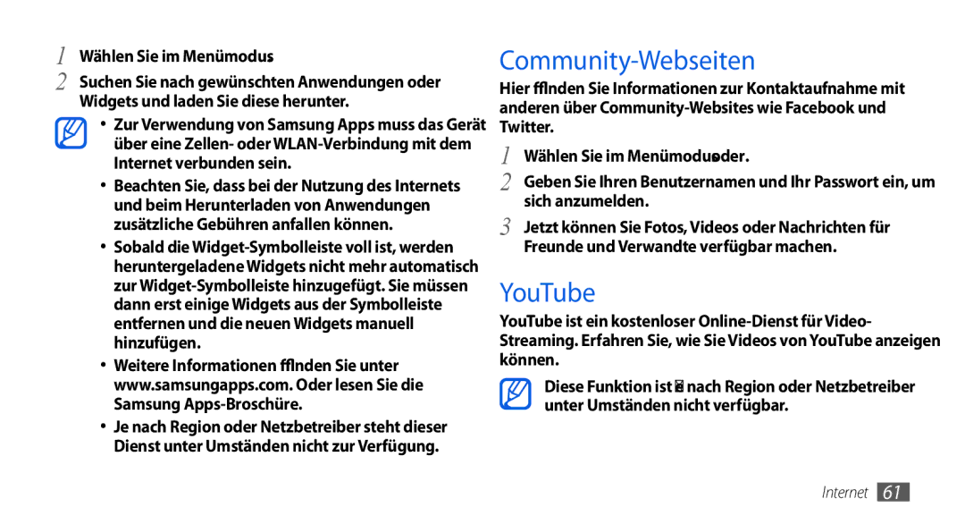 Samsung GT-S5560CWIDBT, GT-S5560LKIDBT manual Community-Webseiten, YouTube, Wählen Sie im Menümodus Samsung Apps 