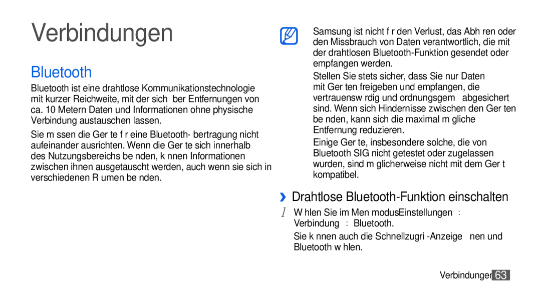 Samsung GT-S5560CWIDBT, GT-S5560LKIDBT manual Verbindungen, Verbindung → Bluetooth 