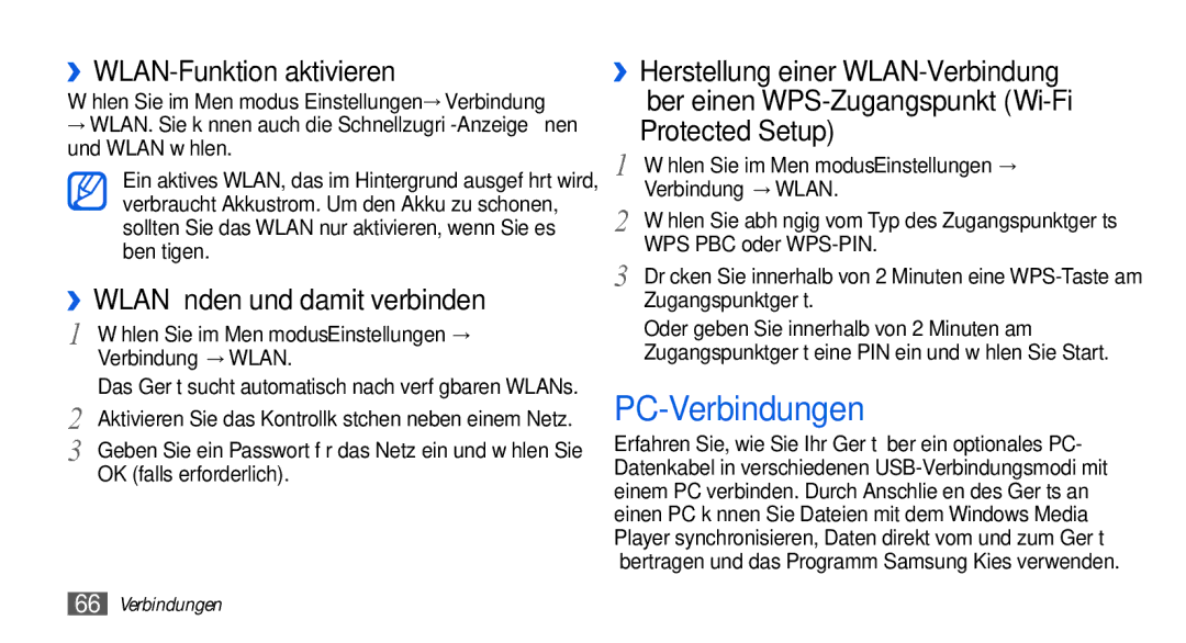 Samsung GT-S5560LKIDBT PC-Verbindungen, ››WLAN-Funktion aktivieren, ››WLAN finden und damit verbinden, Verbindung → Wlan 