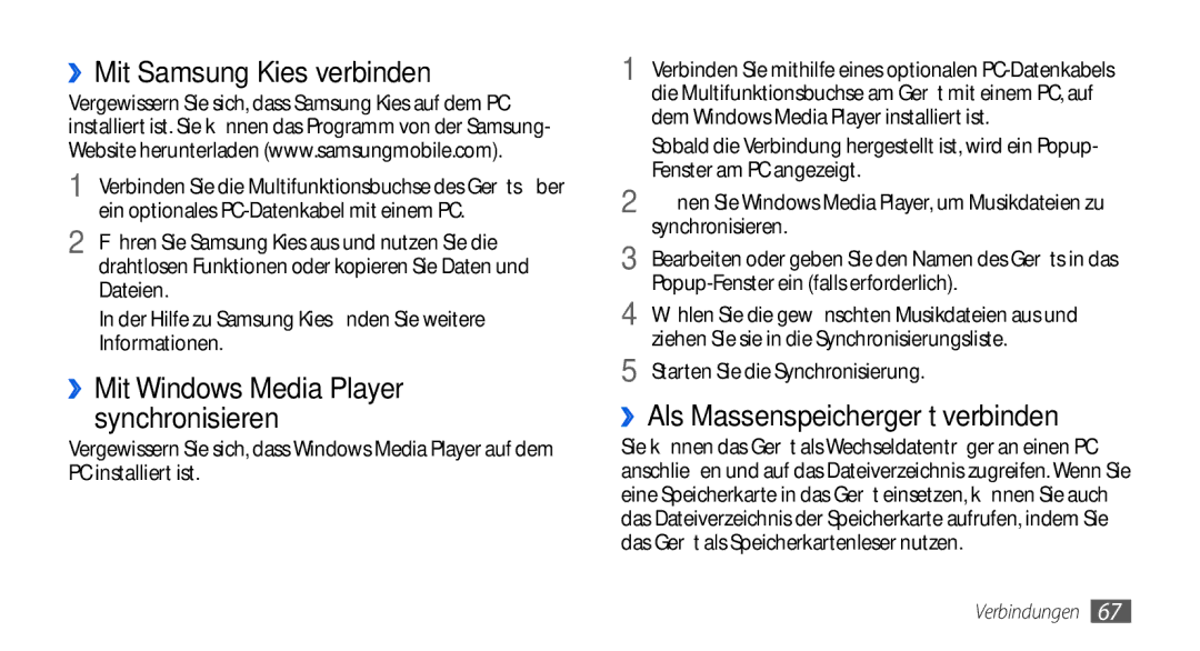 Samsung GT-S5560CWIDBT, GT-S5560LKIDBT manual ››Mit Samsung Kies verbinden, ››Als Massenspeichergerät verbinden 