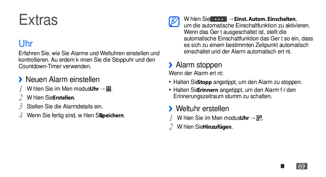 Samsung GT-S5560CWIDBT, GT-S5560LKIDBT manual Extras, Uhr, ››Neuen Alarm einstellen, ››Alarm stoppen, ››Weltuhr erstellen 
