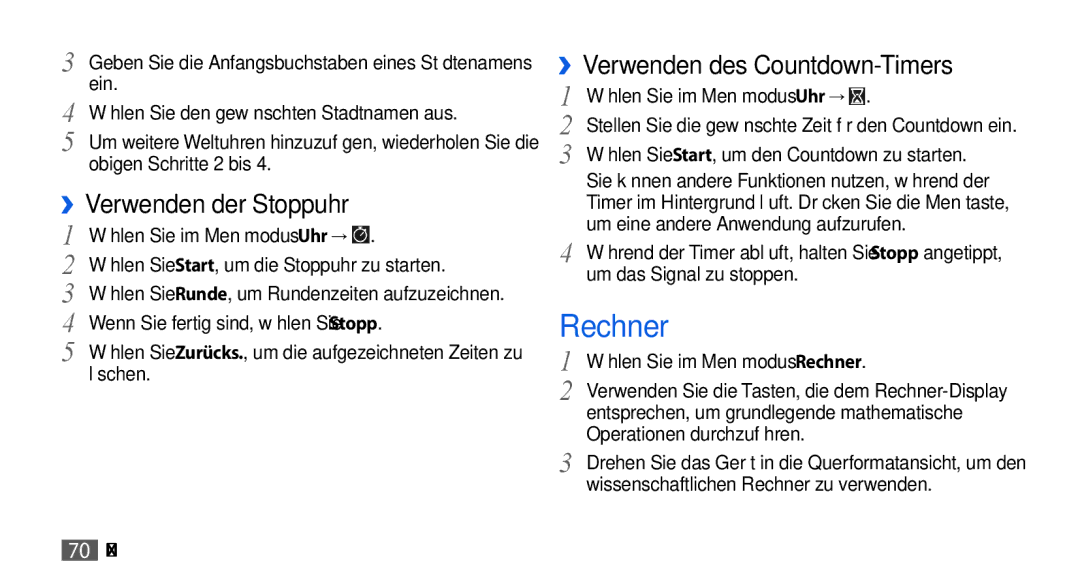 Samsung GT-S5560LKIDBT, GT-S5560CWIDBT manual Rechner, ››Verwenden der Stoppuhr, ››Verwenden des Countdown-Timers 