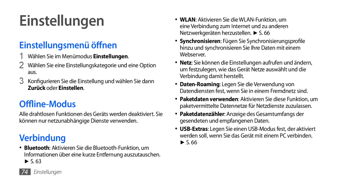 Samsung GT-S5560LKIDBT manual Einstellungen, Einstellungsmenü öffnen, Offline-Modus, Verbindung, Zurück oder Einstellen 