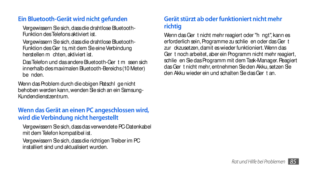 Samsung GT-S5560CWIDBT, GT-S5560LKIDBT manual Ein Bluetooth-Gerät wird nicht gefunden 