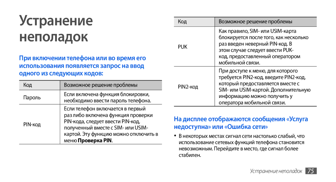 Samsung GT-S5560BDISER, GT-S5560LKISER, GT-S5560CWISER manual Устранение Неполадок, Меню Проверка PIN, Устранение неполадок 