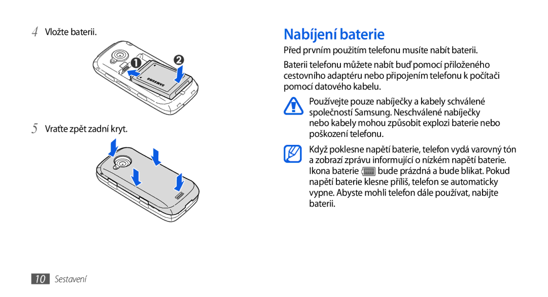 Samsung GT-S5560BDIXSK, GT-S5560TIIXEZ, GT-S5560TIIXSK manual Nabíjení baterie, Vložte baterii Vraťte zpět zadní kryt 