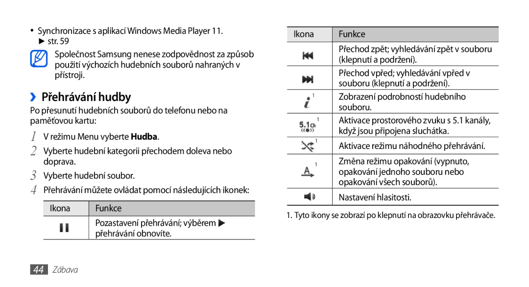Samsung GT-S5560BDIXEZ, GT-S5560TIIXEZ, GT-S5560TIIXSK, GT-S5560BDIXSK, GT-S5560CWIXSK, GT-S5560LKIXSK manual ››Přehrávání hudby 