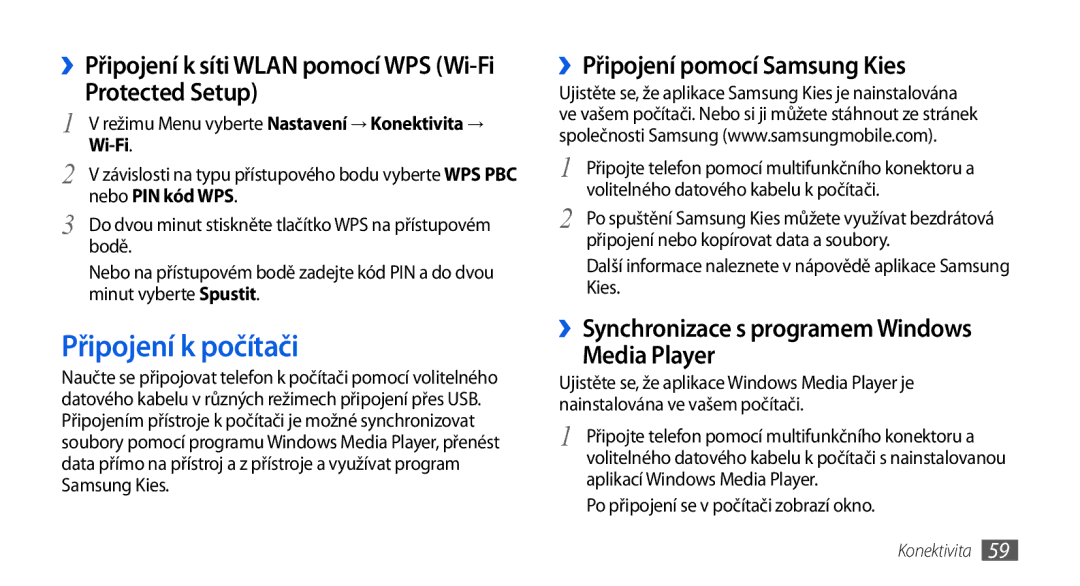 Samsung GT-S5560BDIXSK manual Připojení k počítači, Protected Setup, ››Připojení pomocí Samsung Kies, Media Player 