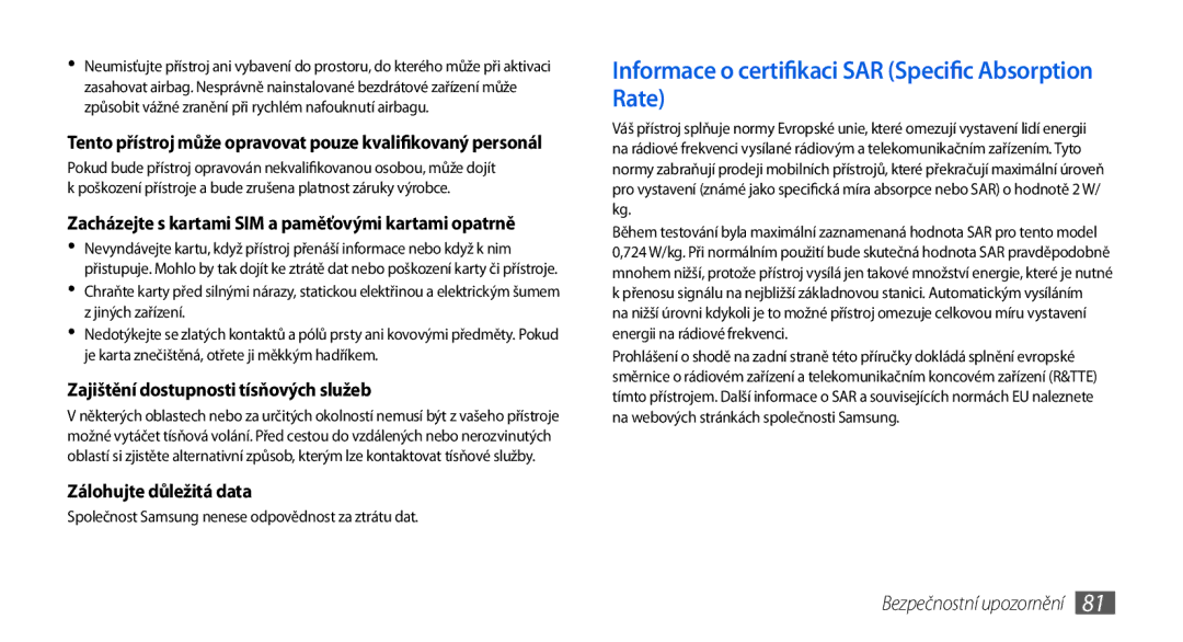 Samsung GT-S5560CWIXSK, GT-S5560TIIXEZ, GT-S5560TIIXSK, GT-S5560BDIXEZ Informace o certifikaci SAR Specific Absorption Rate 