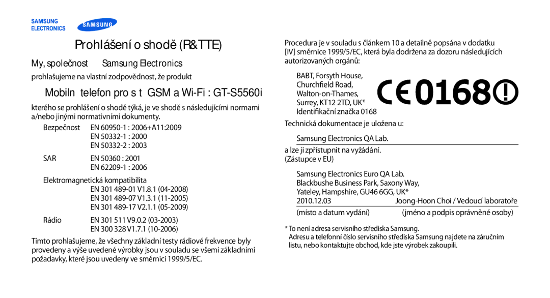 Samsung GT-S5560LKIXSK, GT-S5560TIIXEZ, GT-S5560TIIXSK, GT-S5560BDIXEZ, GT-S5560BDIXSK manual Prohlášení o shodě R&TTE 