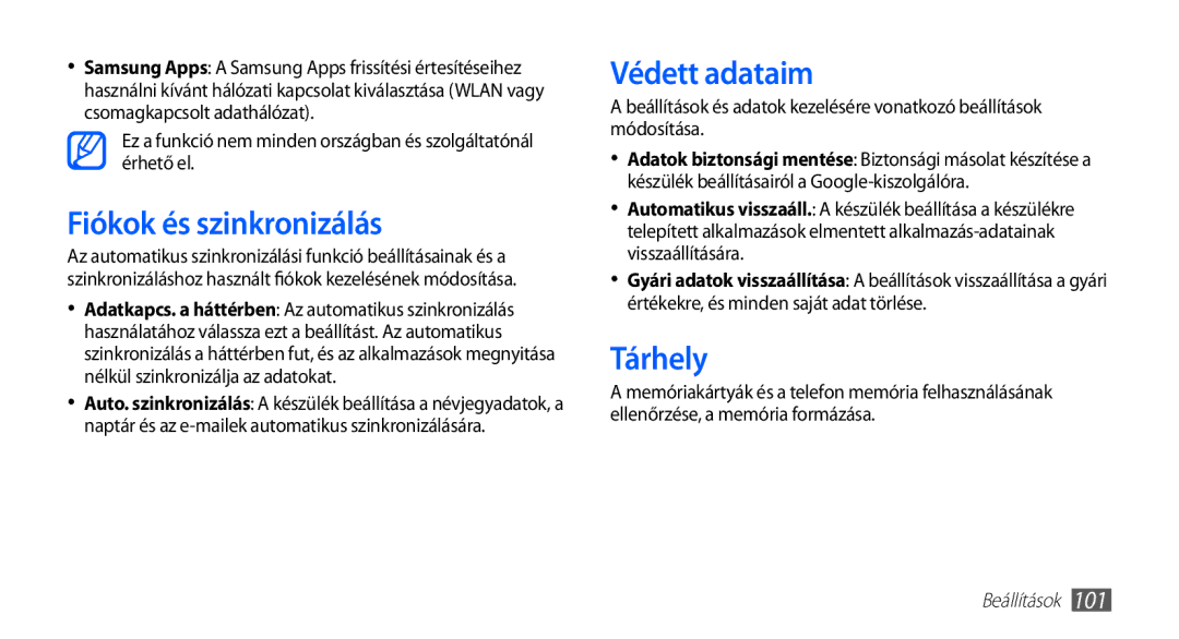 Samsung GT-S5570EGAXEH manual Fiókok és szinkronizálás, Védett adataim, Tárhely, Értékekre, és minden saját adat törlése 