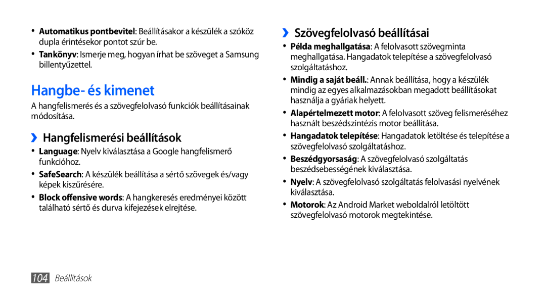 Samsung GT2S5570AAAPAN Hangbe- és kimenet, ››Hangfelismerési beállítások, ››Szövegfelolvasó beállításai, 104 Beállítások 