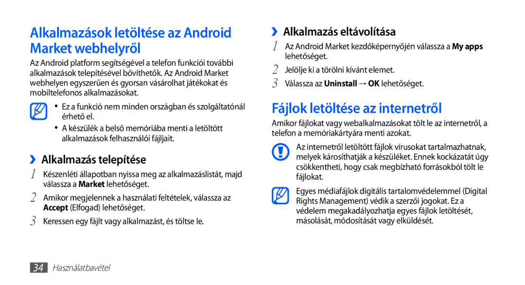 Samsung GT-S5570AAATMH manual Alkalmazások letöltése az Android Market webhelyről, Fájlok letöltése az internetről 