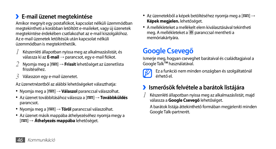 Samsung GT-S5570EGAVDH manual Google Csevegő, ››E-mail üzenet megtekintése, ››Ismerősök felvétele a barátok listájára 