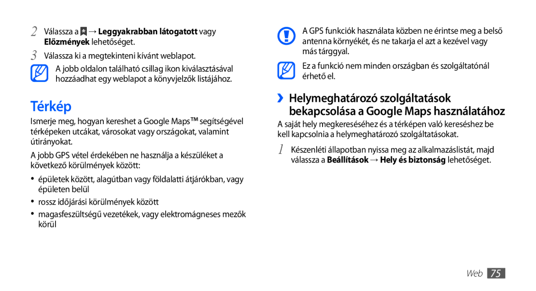 Samsung GT2S5570AAAXEH, GT-S5570AAADBT manual Térkép, Előzmények lehetőséget, Válassza ki a megtekinteni kívánt weblapot 