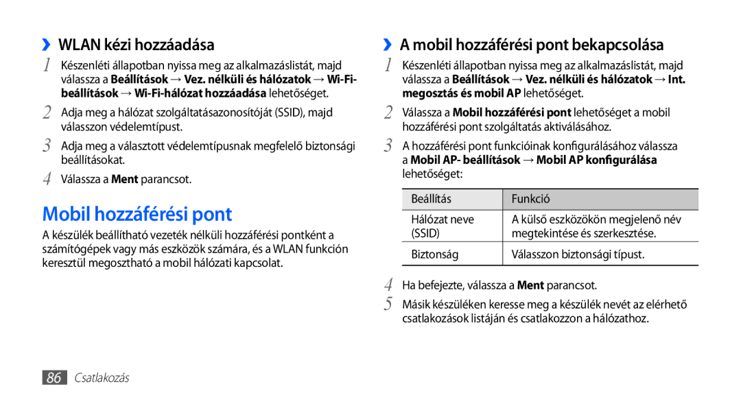 Samsung GT-S5570AAAAUT manual Mobil hozzáférési pont, ››WLAN kézi hozzáadása, ››A mobil hozzáférési pont bekapcsolása 