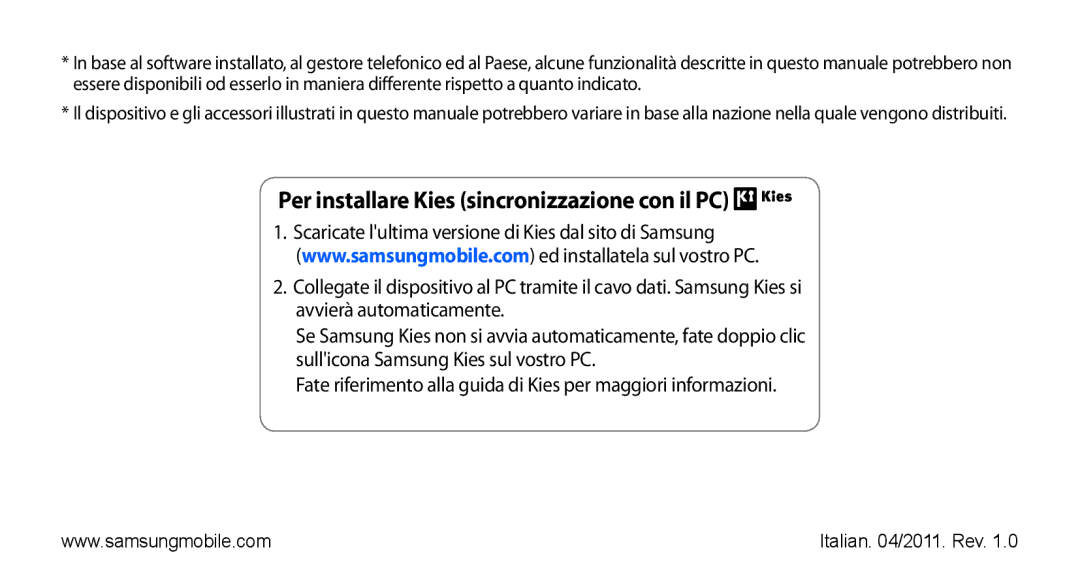 Samsung GT-S5570AAAHUI, GT-S5570AAAITV, GT-S5570MOAWIN, GT-S5570MOATIM manual Per installare Kies sincronizzazione con il PC 