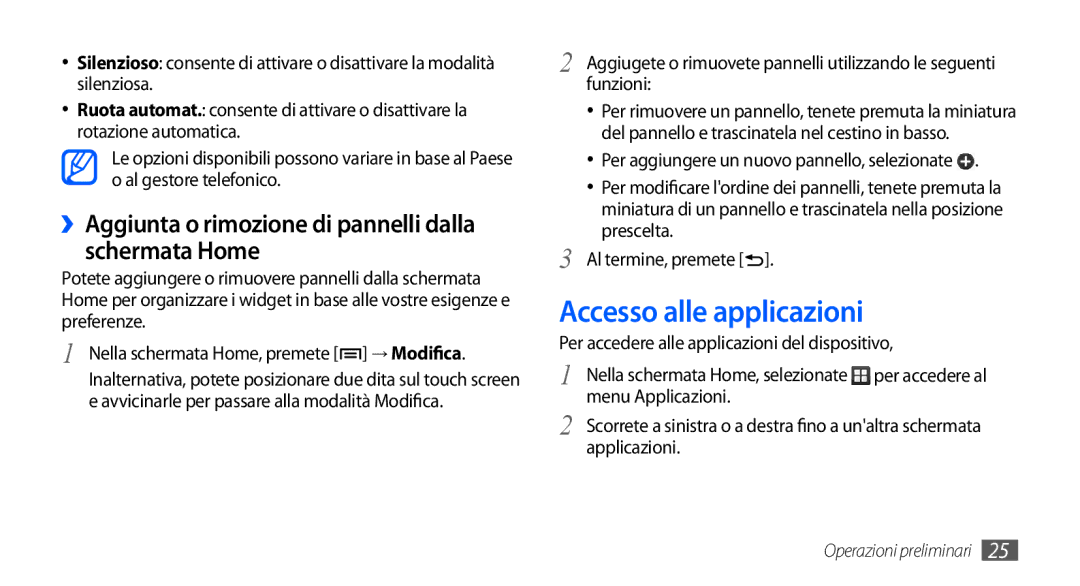 Samsung GT-S5570CWAOMN, GT-S5570AAAITV Accesso alle applicazioni, ››Aggiunta o rimozione di pannelli dalla schermata Home 