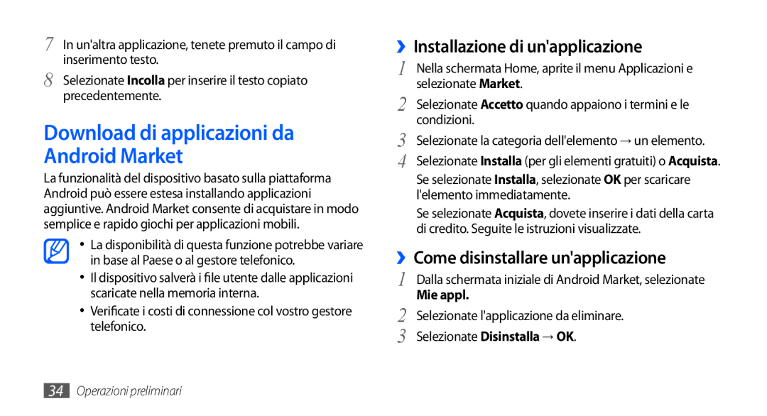 Samsung GT-S5570CWAHUI, GT-S5570AAAITV manual Download di applicazioni da Android Market, ››Installazione di unapplicazione 