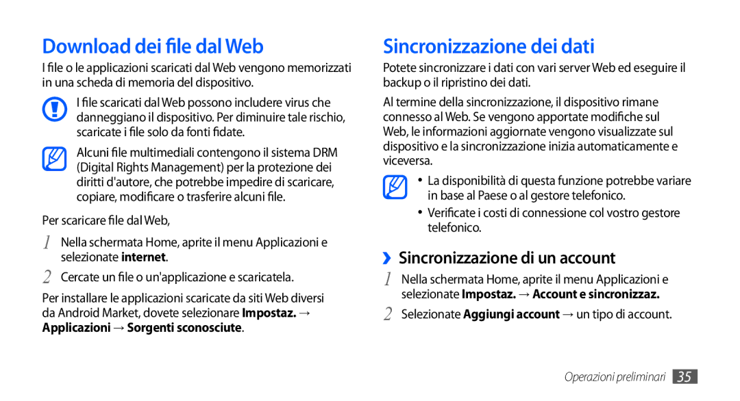 Samsung GT-S5570AAAVOM Download dei file dal Web, Sincronizzazione dei dati, ››Sincronizzazione di un account, Dal Web 