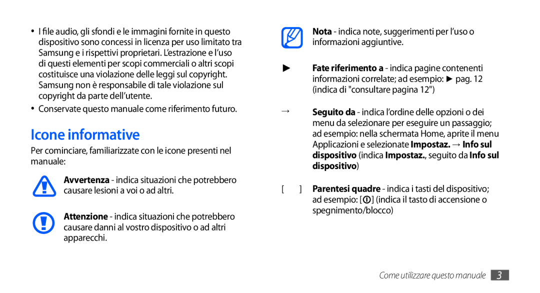 Samsung GT-S5570MAAOMN Icone informative, Spegnimento/blocco, Conservate questo manuale come riferimento futuro 