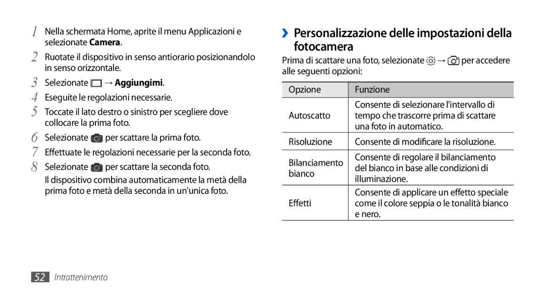 Samsung GT-S5570AAAFWB, GT-S5570AAAITV manual ››Personalizzazione delle impostazioni della fotocamera, → Aggiungimi 