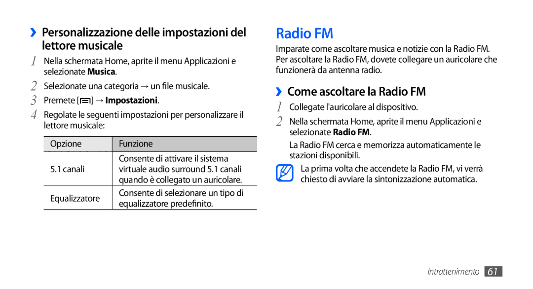 Samsung GT-S5570MOAWIN manual ››Come ascoltare la Radio FM, ››Personalizzazione delle impostazioni del lettore musicale 