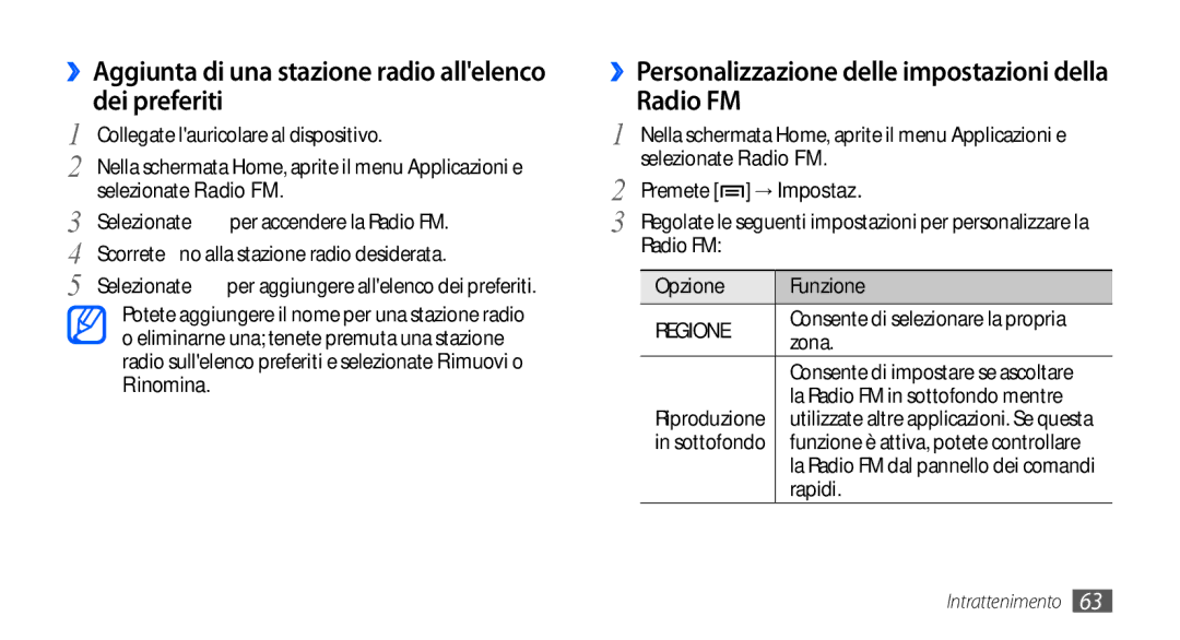 Samsung GT-S5570MAAOMN, GT-S5570AAAITV, GT-S5570AAAHUI ››Aggiunta di una stazione radio allelenco dei preferiti, Radio FM 