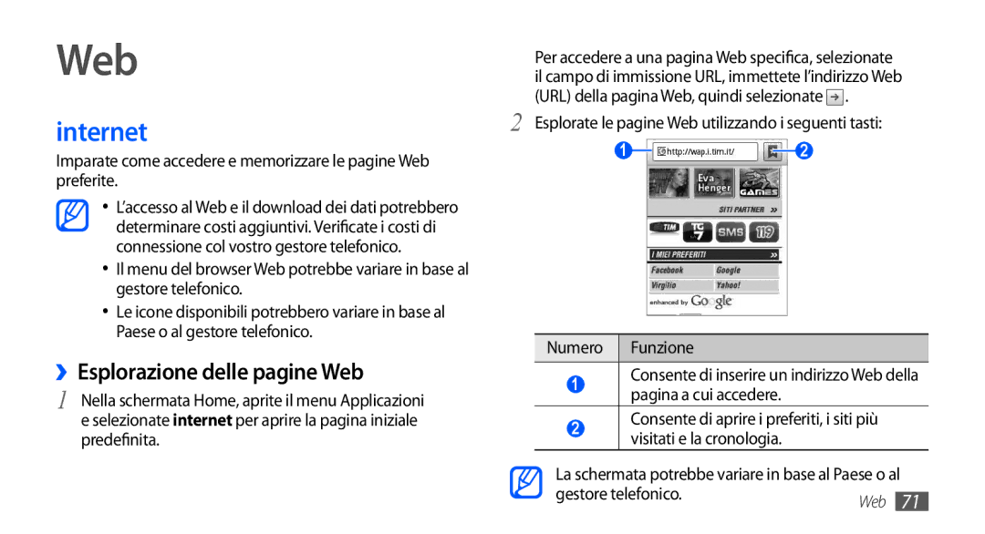 Samsung GT-S5570EGAHUI, GT-S5570AAAITV, GT-S5570AAAHUI, GT-S5570MOAWIN manual Internet, ››Esplorazione delle pagine Web 