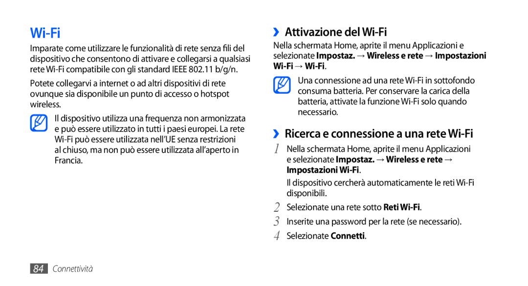 Samsung GT-S5570EGAOMN, GT-S5570AAAITV manual ››Attivazione del Wi-Fi, ››Ricerca e connessione a una rete Wi-Fi 