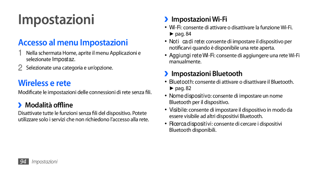 Samsung GT-S5570CWAHUI, GT-S5570AAAITV, GT-S5570AAAHUI, GT-S5570MOAWIN Accesso al menu Impostazioni, Wireless e rete 