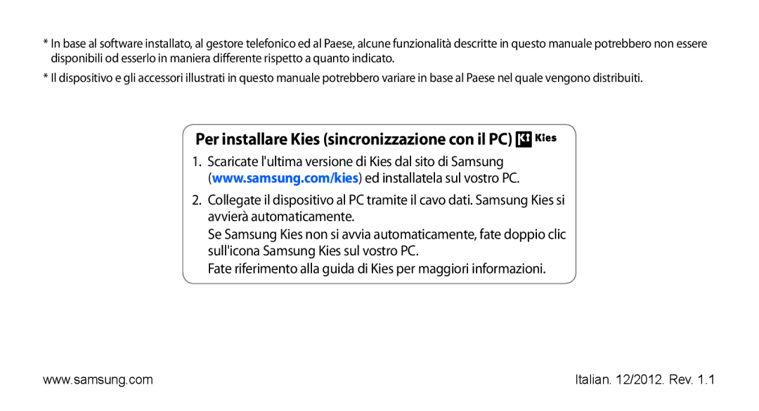 Samsung GT-S5570MOAWIN, GT-S5570AAAITV, GT-S5570AAAHUI, GT-S5570MOATIM manual Per installare Kies sincronizzazione con il PC 