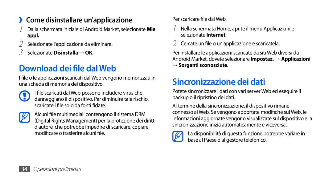 Samsung GT-S5570EGAITV manual Download dei file dal Web, Sincronizzazione dei dati, ››Come disinstallare unapplicazione 