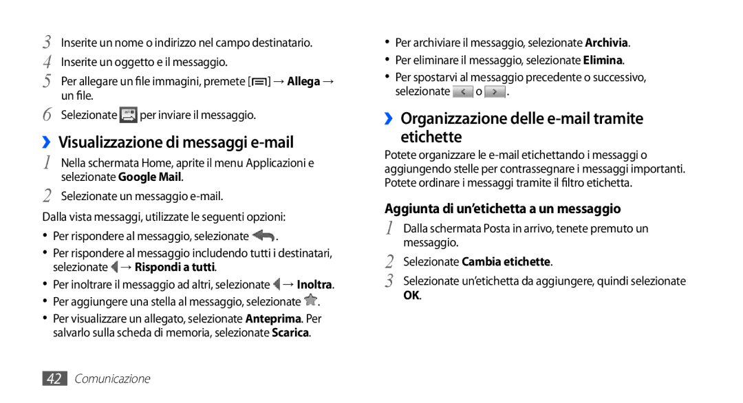 Samsung GT-S5570MOAWIN manual ››Visualizzazione di messaggi e-mail, ››Organizzazione delle e-mail tramite etichette 