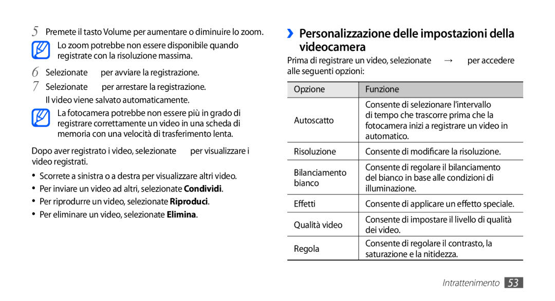 Samsung GT-S5570AAAFWB ››Personalizzazione delle impostazioni della videocamera, Risoluzione, Bilanciamento, Qualità video 