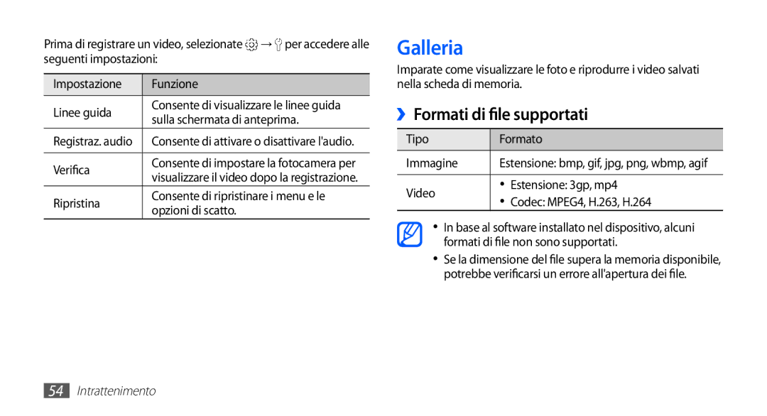 Samsung GT-S5570EGAITV manual Galleria, ››Formati di file supportati, Sulla schermata di anteprima, Tipo Formato Immagine 