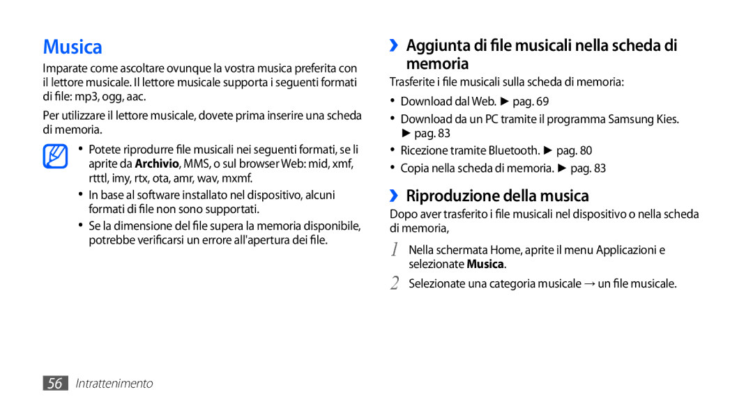 Samsung GT-S5570AAAVOM, GT-S5570AAAITV, GT-S5570AAAHUI manual Musica, Memoria, ››Riproduzione della musica, Nella scheda di 